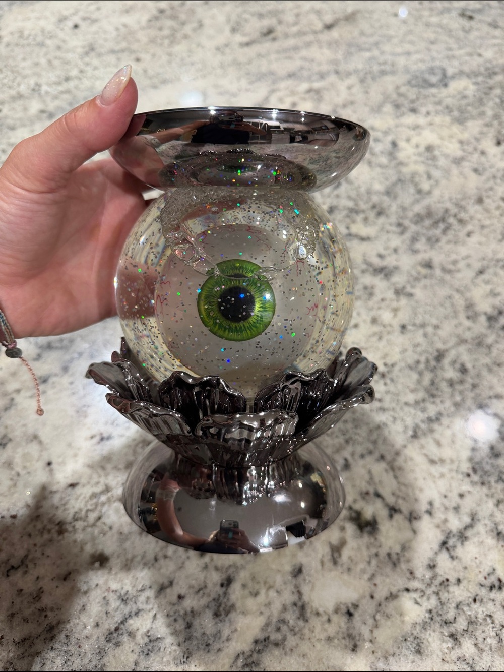 Bath and body works Silver Glass Eyeball Green Eye Accent candle pedestal